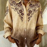 Woman wearing a vintage western floral button-up blouse