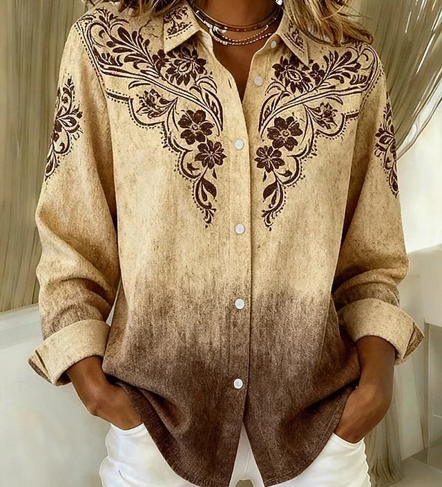 Woman wearing a vintage western floral button-up blouse