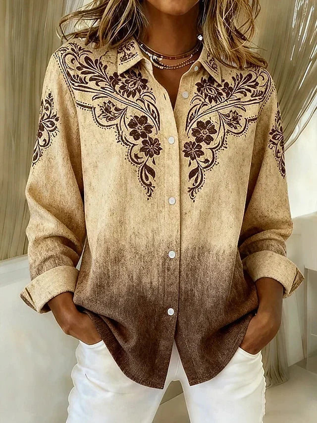 Woman wearing a vintage western floral button-up blouse