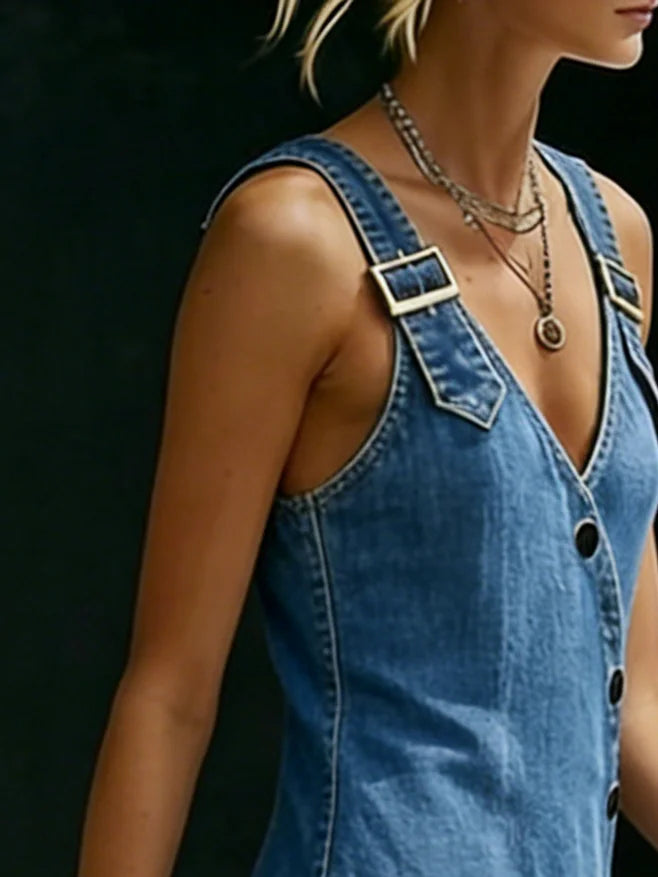 Woman wearing a long button-front denim dress