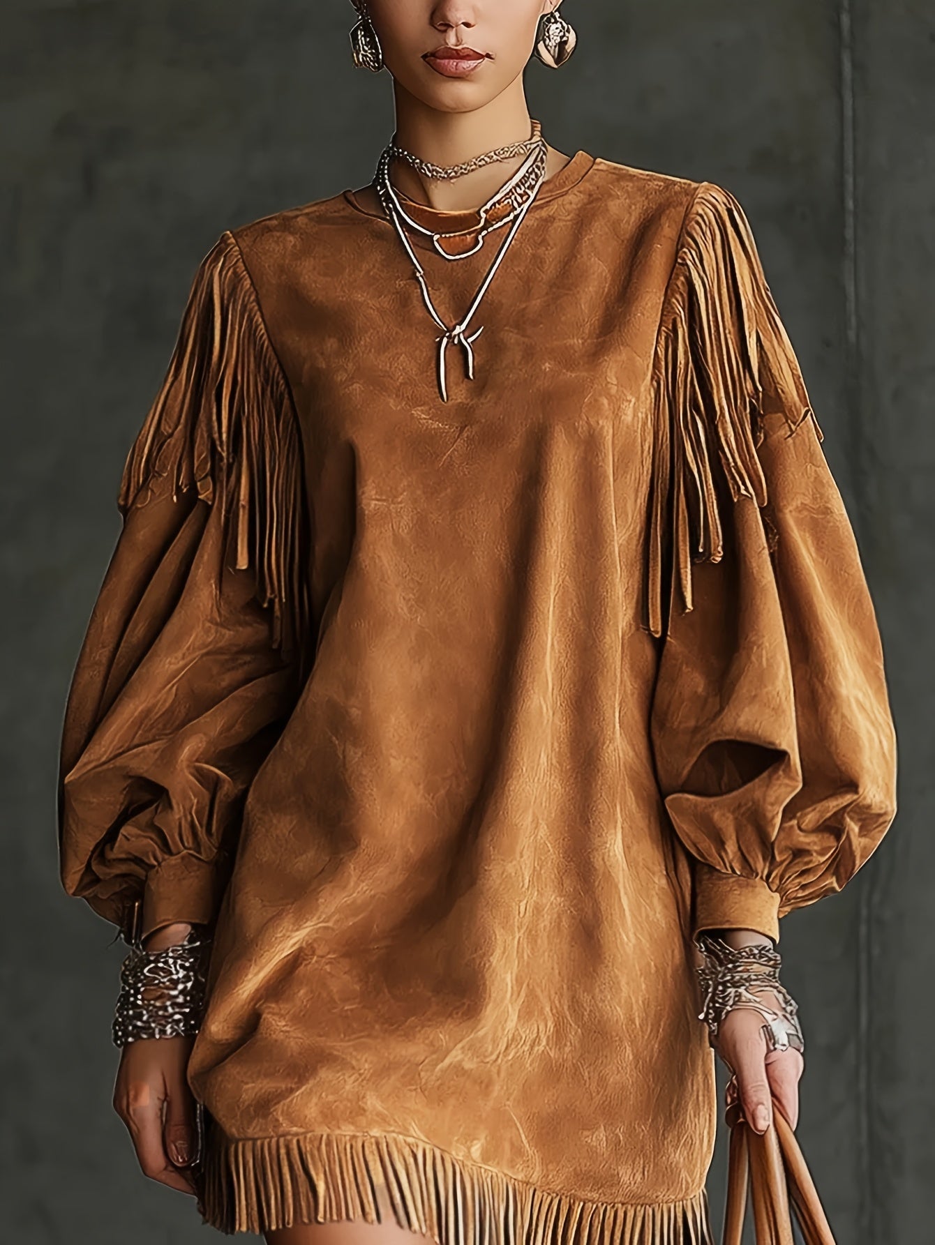 Woman wearing a western-style maxi dress with bell sleeves