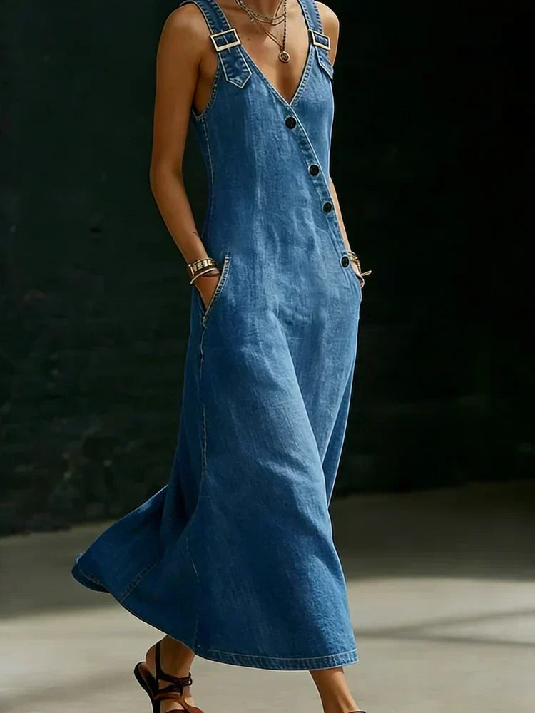 Woman wearing a long button-front denim dress