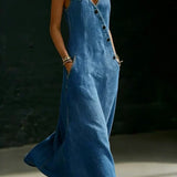 Woman wearing a long button-front denim dress