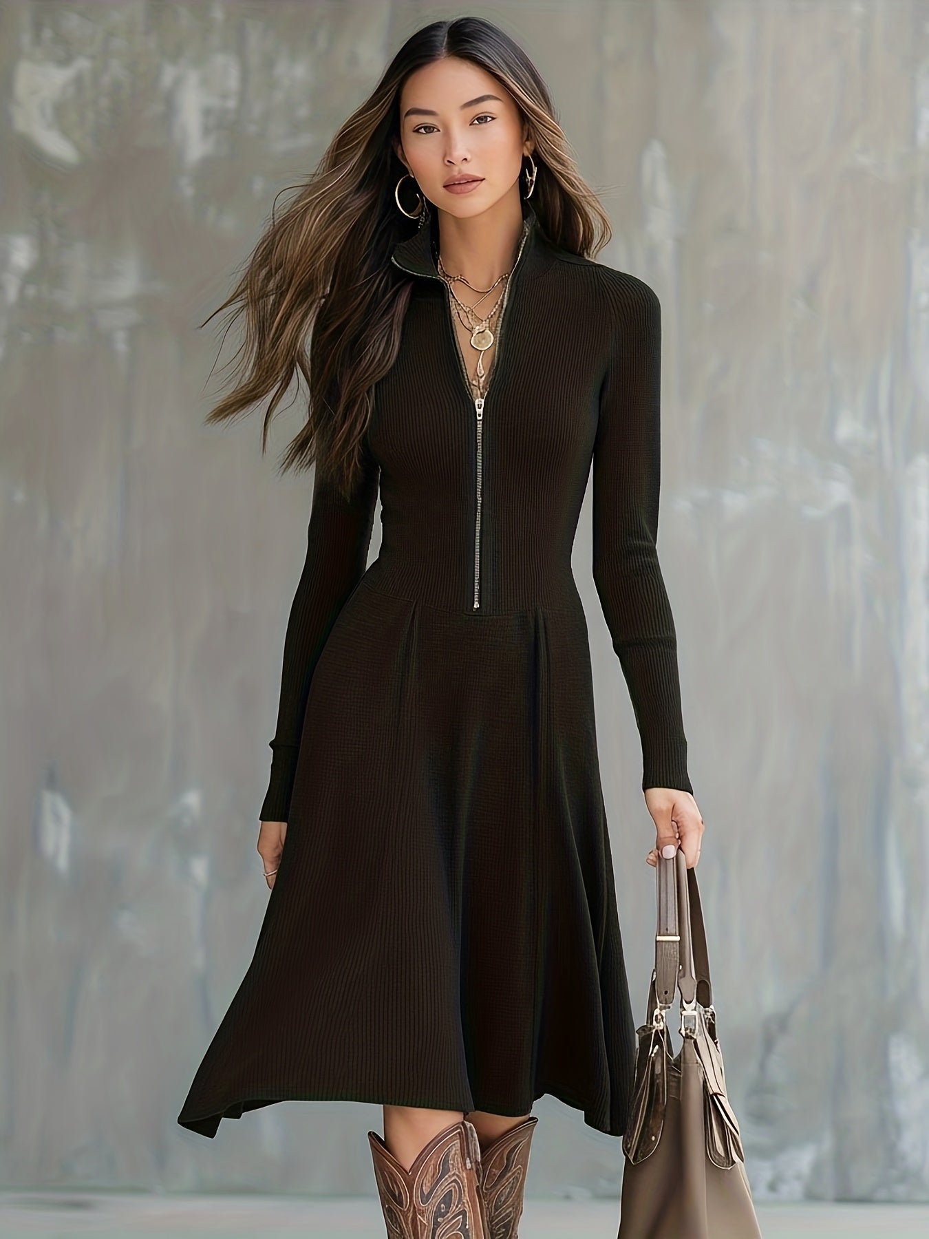 Woman wearing a zip-front long-sleeve stretch dress