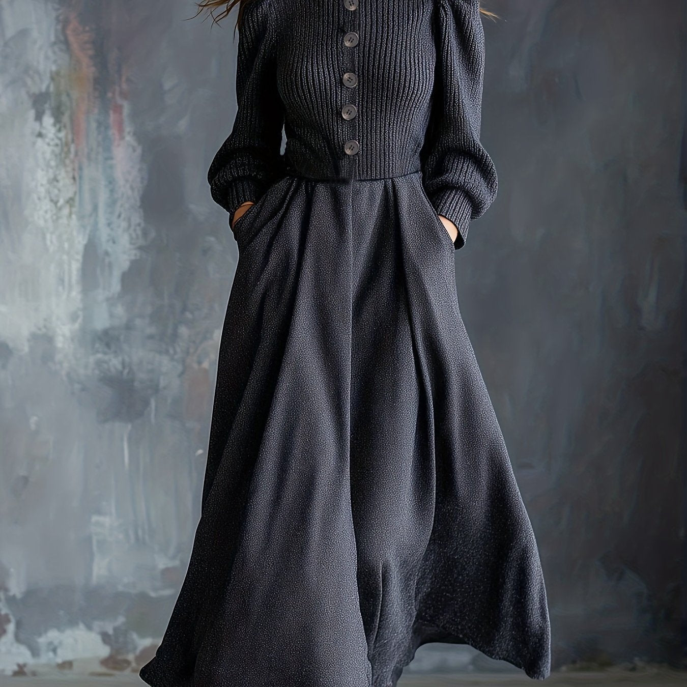 Woman wearing a vintage-inspired winter dress with pockets