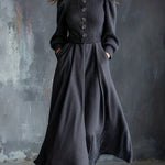 Woman wearing a vintage-inspired winter dress with pockets
