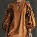 Woman wearing a western-style maxi dress with bell sleeves