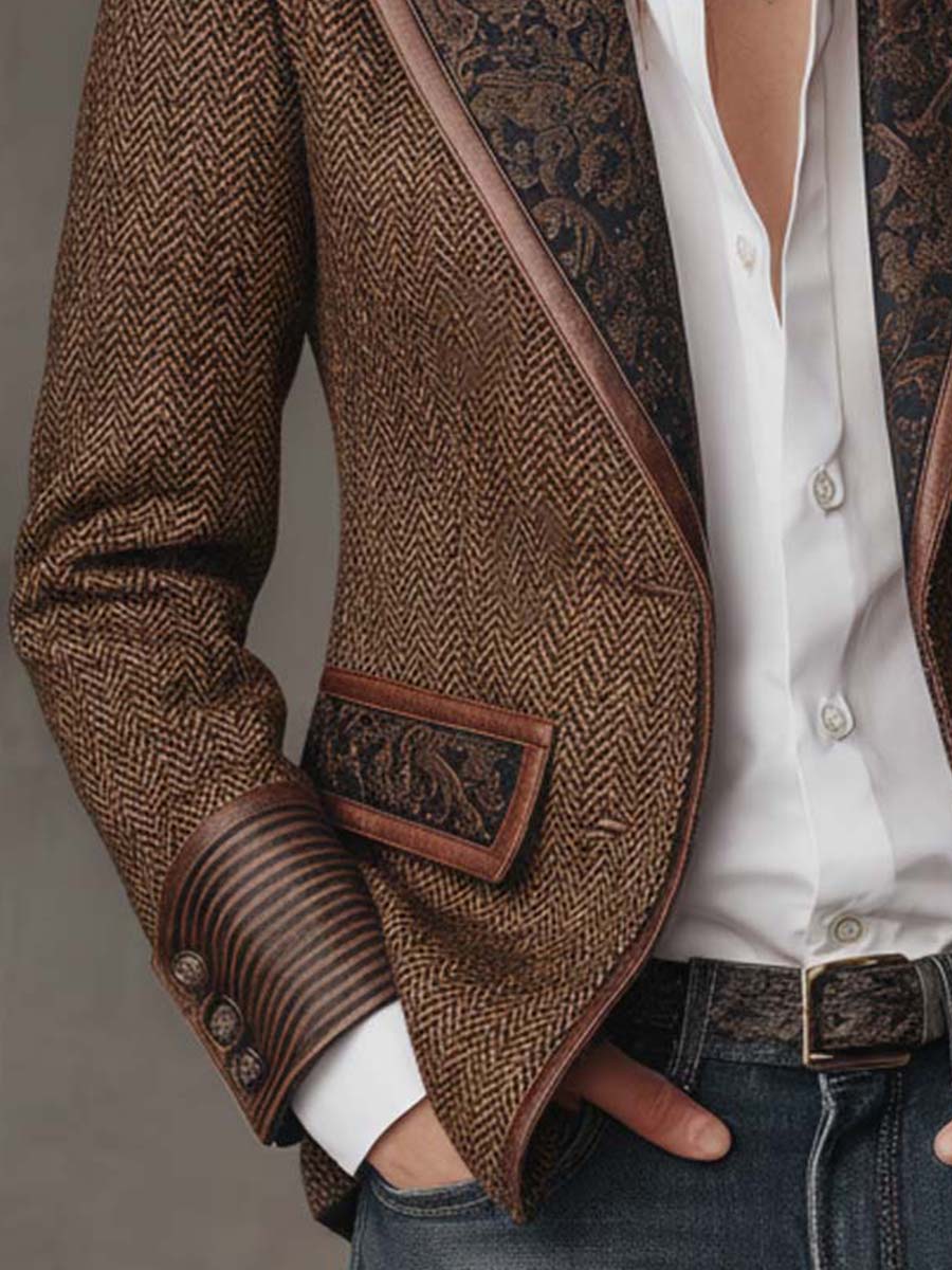 Woman wearing a herringbone panel blazer