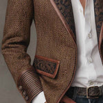 Woman wearing a herringbone panel blazer