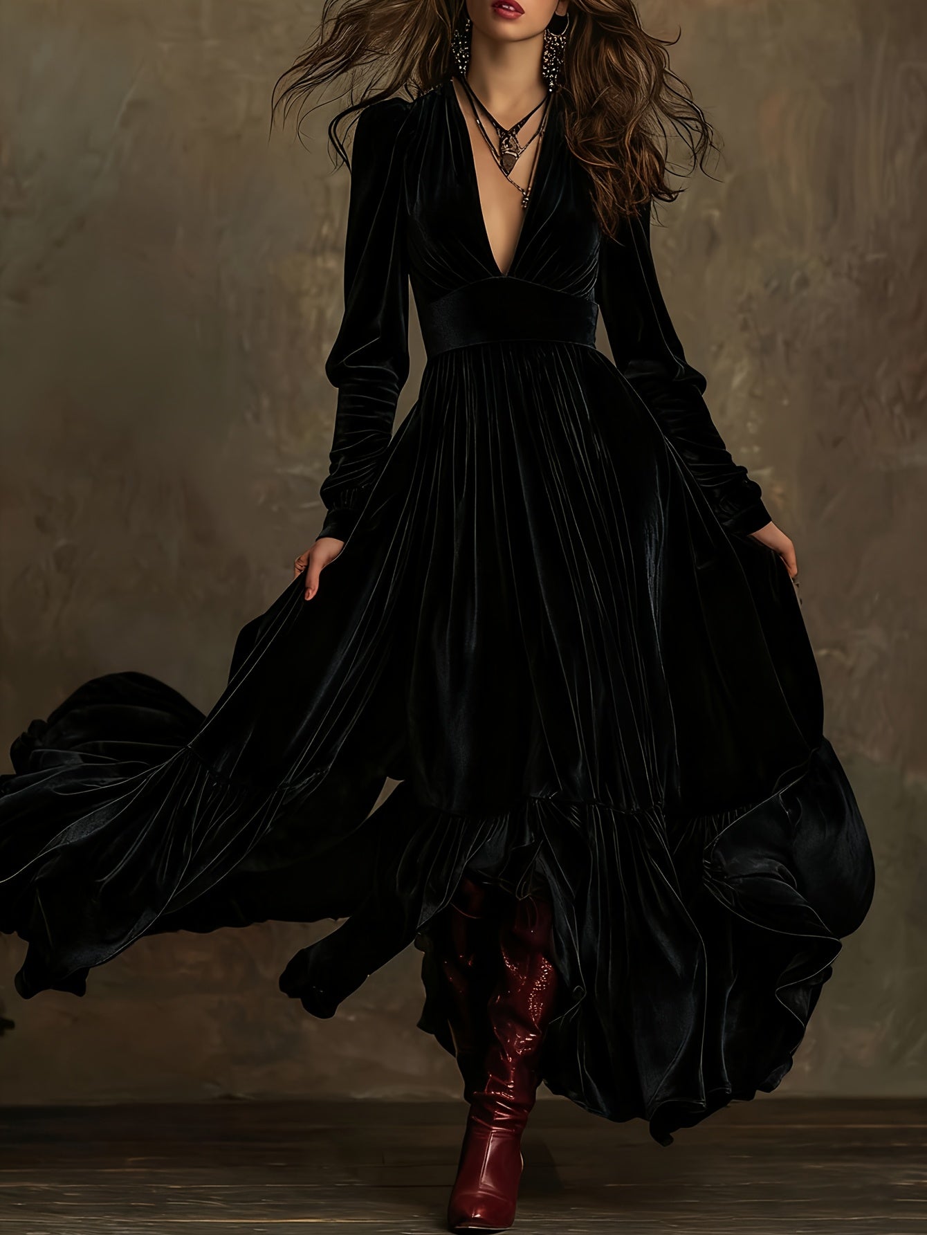 Woman wearing a deep V-neck pleated maxi dress