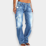 Woman wearing elegant, flattering denim jeans styled for everyday wear
