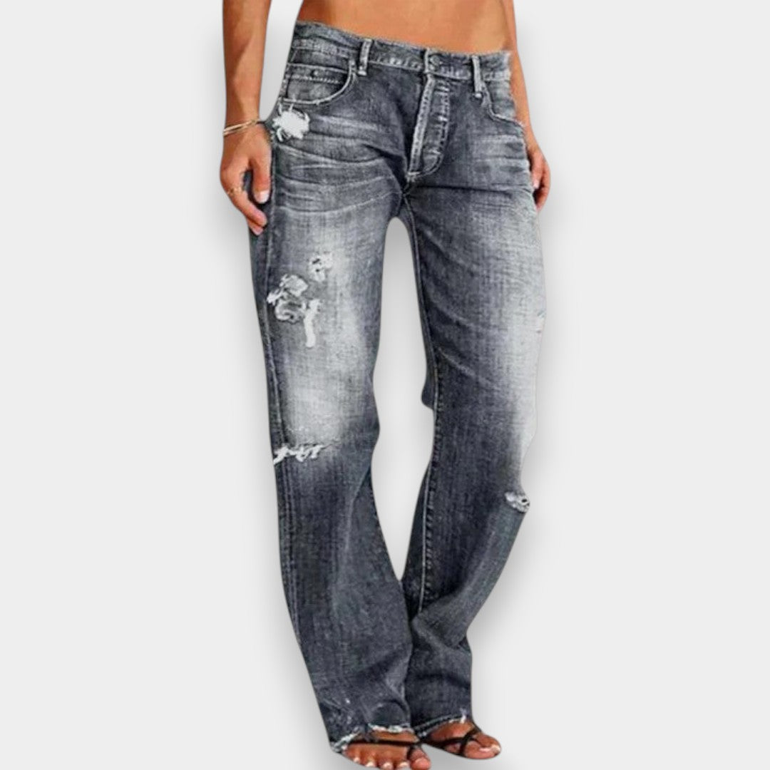Woman wearing elegant, flattering denim jeans styled for everyday wear