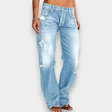 Woman wearing elegant, flattering denim jeans styled for everyday wear