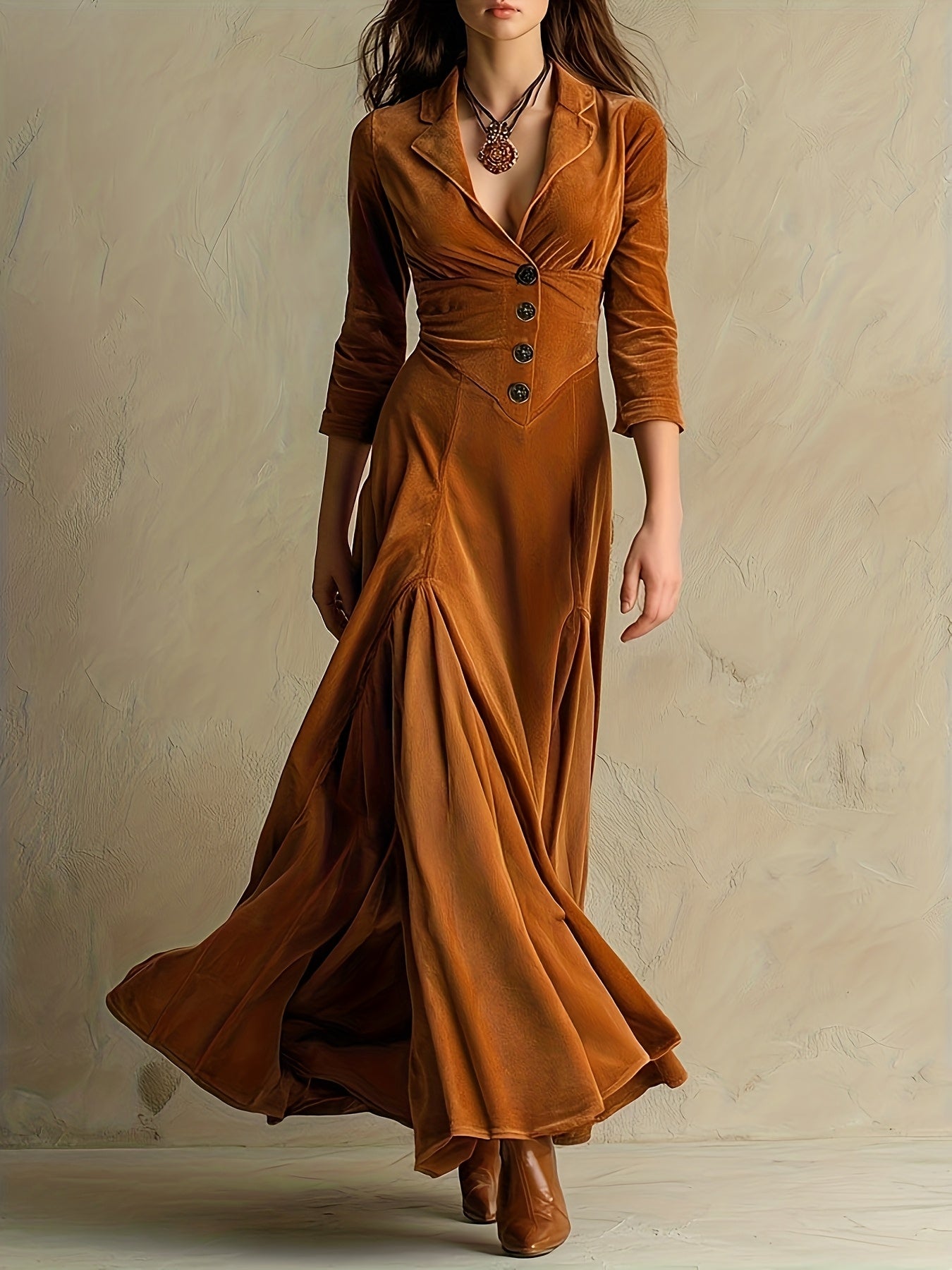 Woman wearing a button-front collar dress with 7/8 sleeves