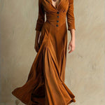 Woman wearing a button-front collar dress with 7/8 sleeves