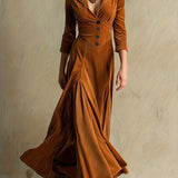 Woman wearing a button-front collar dress with 7/8 sleeves