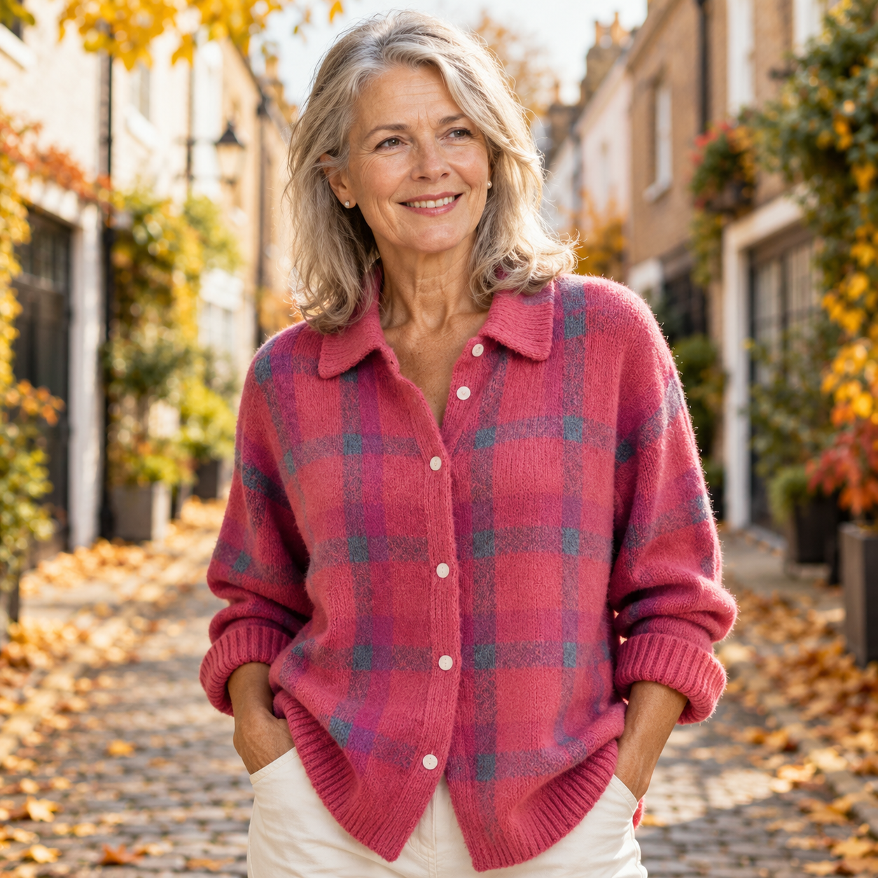 Ashley - Pink Collar Check Cardigan