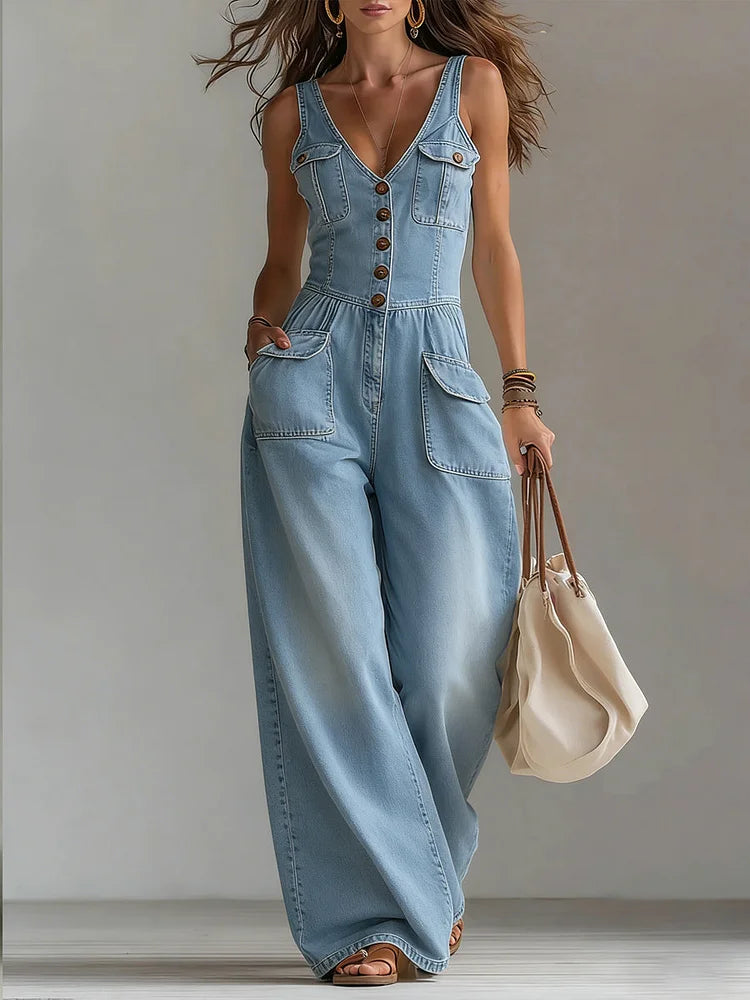 Woman wearing a relaxed-fit denim jumpsuit in a classic wash