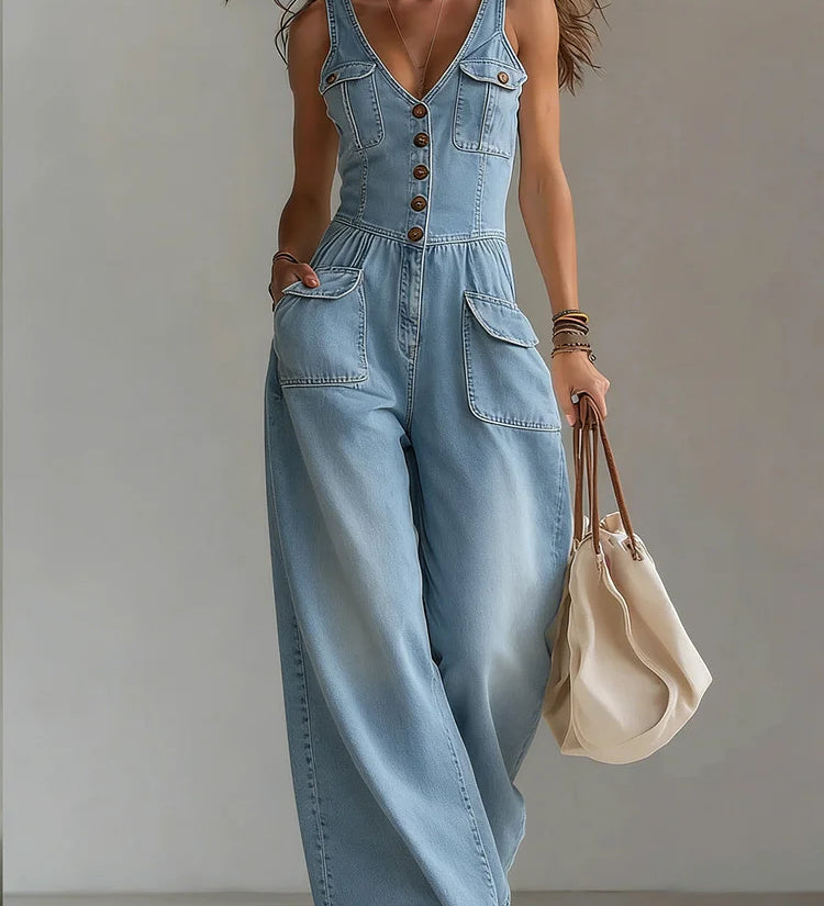 Woman wearing a relaxed-fit denim jumpsuit in a classic wash