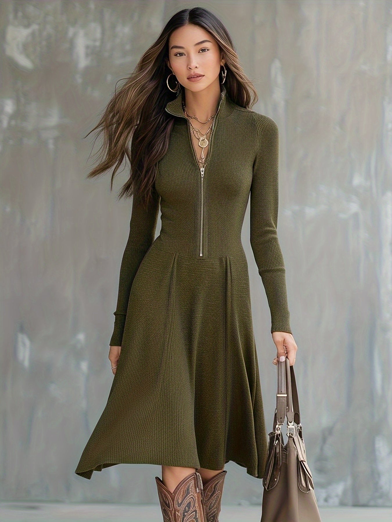 Woman wearing a zip-front long-sleeve stretch dress