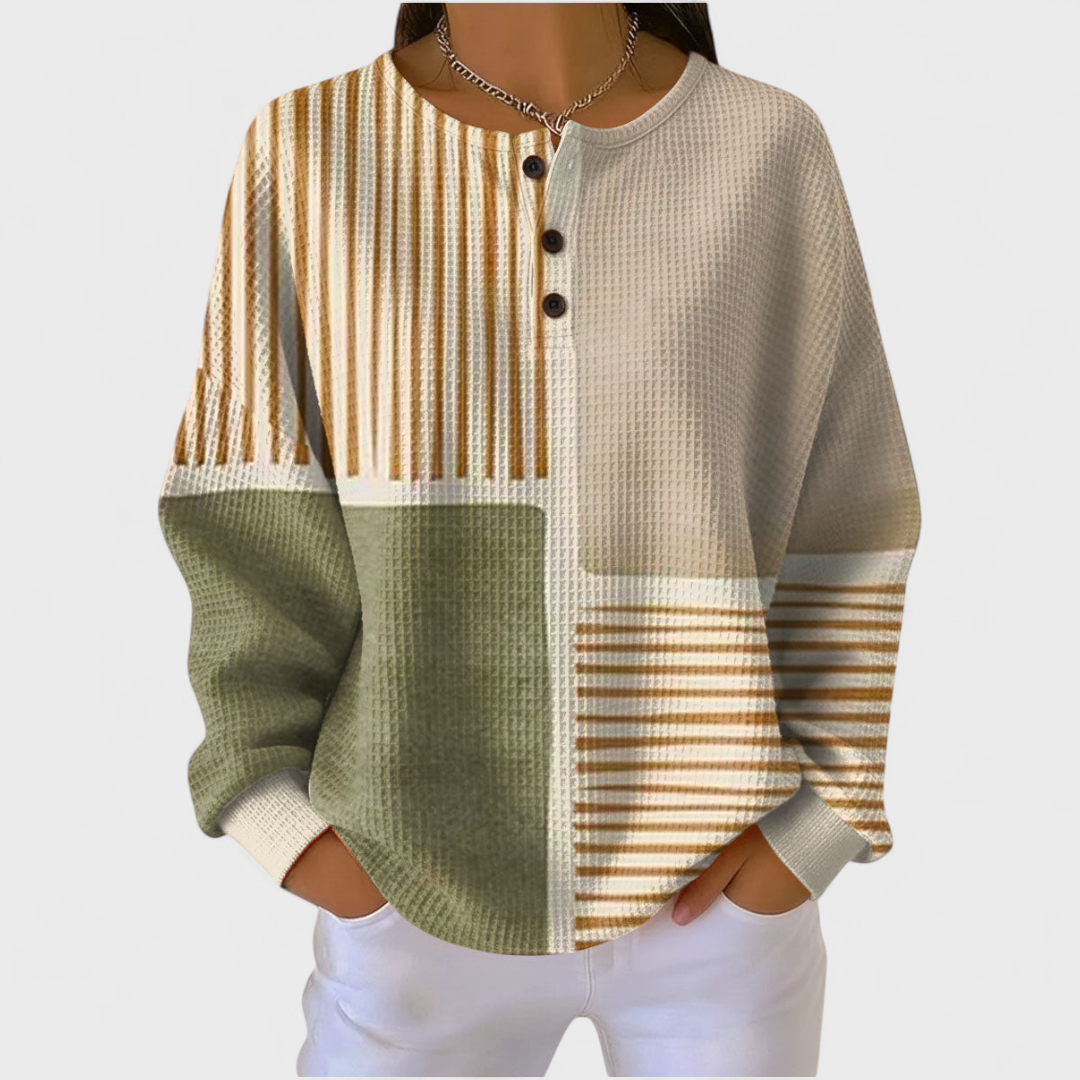 Luna Patterned Jumper - mustard, sage green and cream colour-block knit, front view