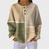 Luna Patterned Jumper - mustard, sage green and cream colour-block knit, front view