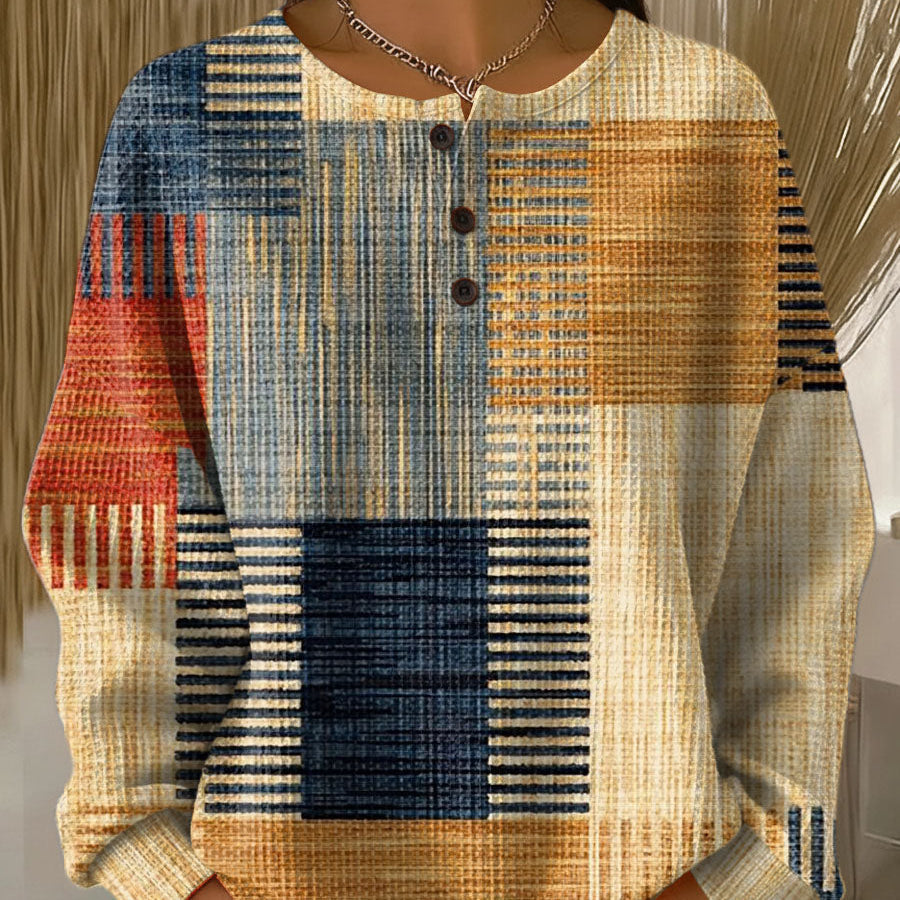 Thea yellow patchwork patterned jumper - front close-up