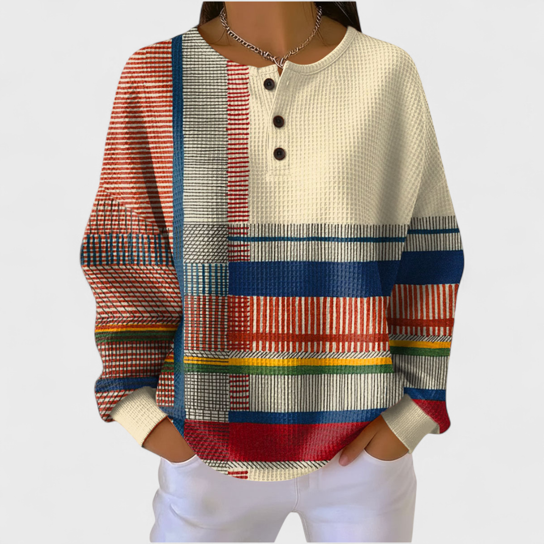 Mille quietly elegant patterned jumper, colourblock stripe design, front view