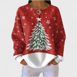 Sofia red patterned jumper with Christmas tree and snowflake print, close-up view