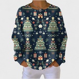 Fanny Luxuriously Comfortable Patterned Jumper in navy Christmas tree and gift-box print, front view