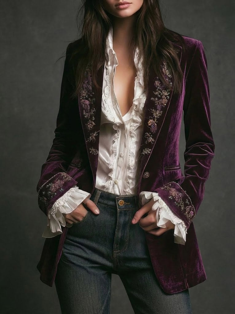 Woman wearing a long embroidered velvet jacket