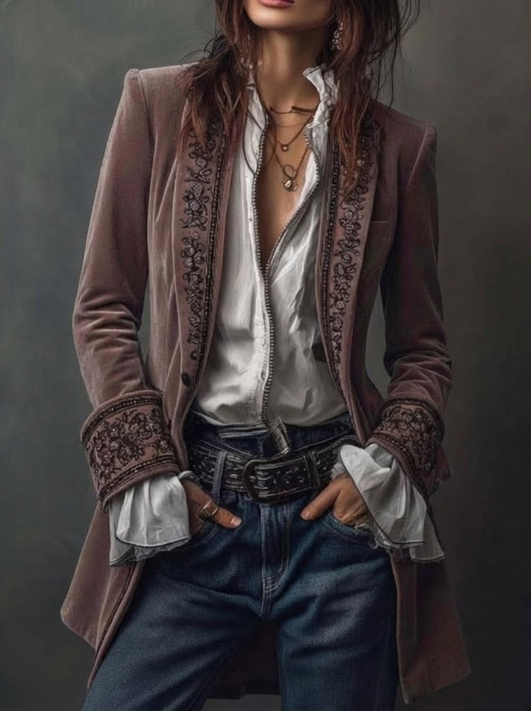 Woman wearing a long embroidered velvet jacket