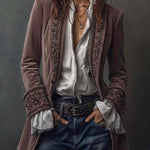 Woman wearing a long embroidered velvet jacket