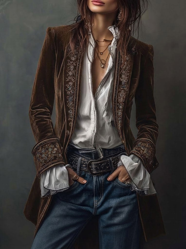 Woman wearing a long embroidered velvet jacket