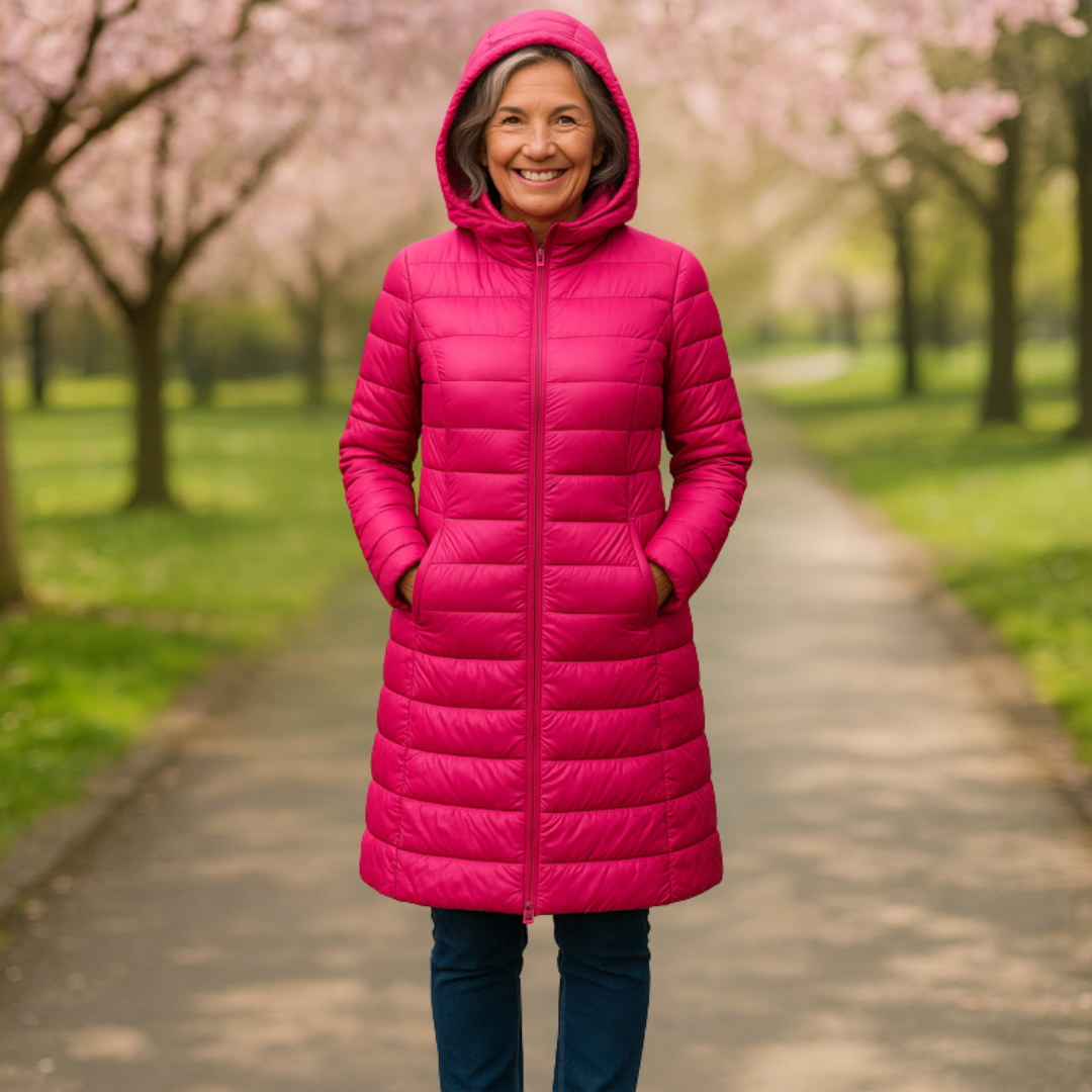 Pink long padded jacket with a removable hood