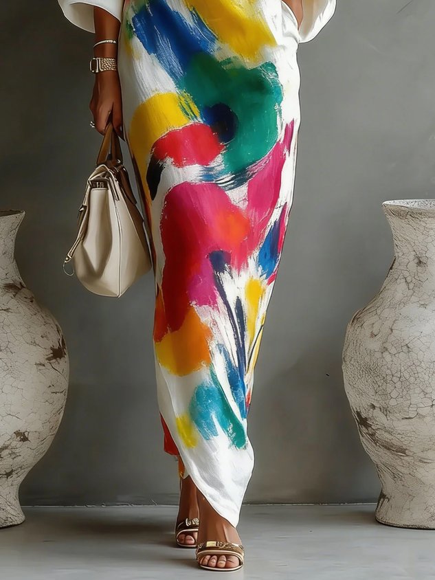 One-shoulder abstract print maxi dress
