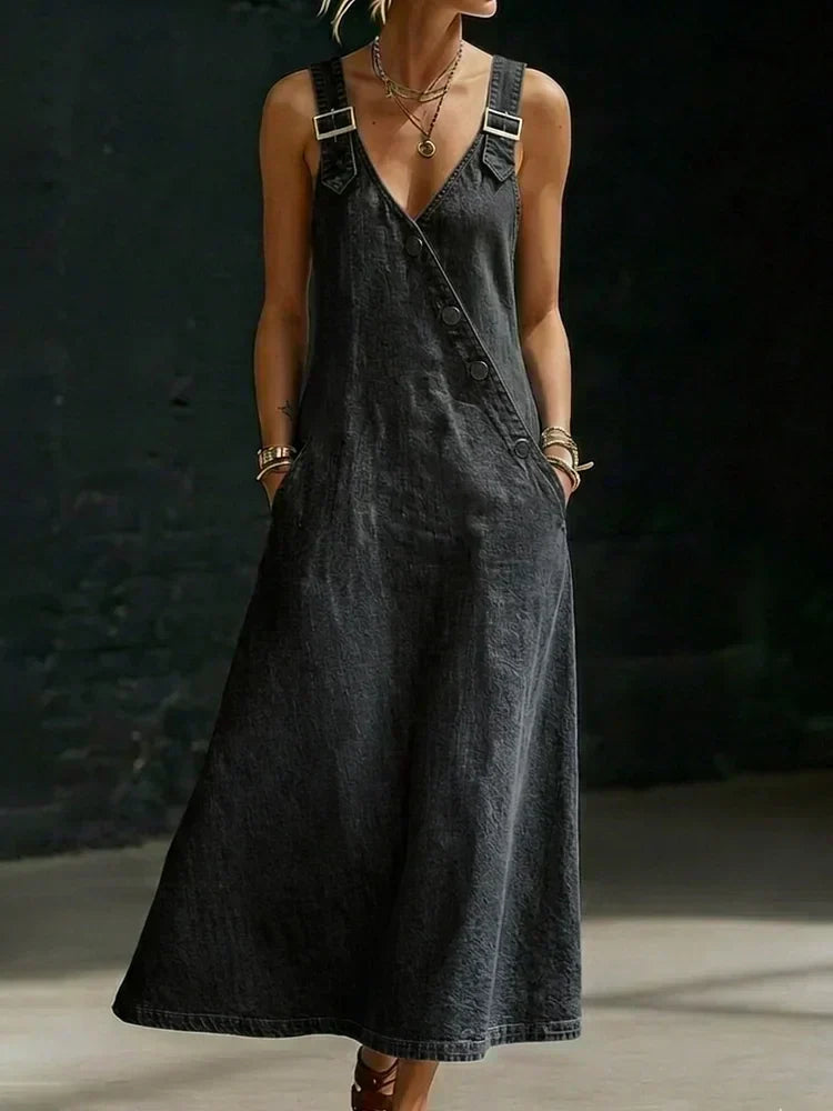 Woman wearing a long button-front denim dress