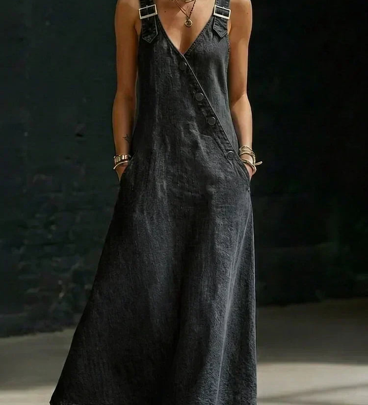 Woman wearing a long button-front denim dress