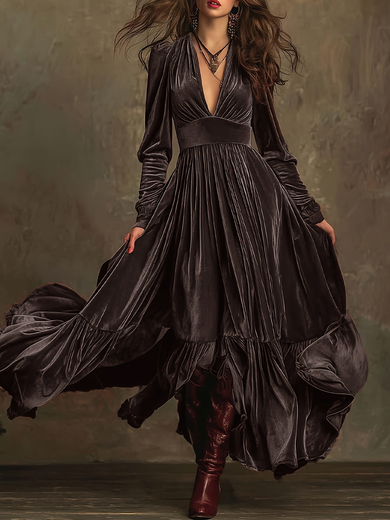 Woman wearing a deep V-neck pleated maxi dress