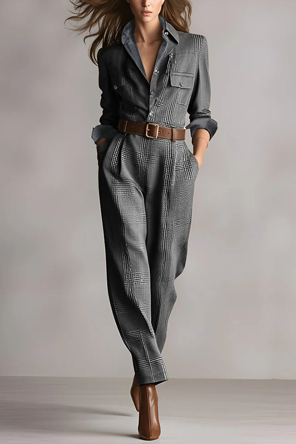 Woman wearing a tailored check jumpsuit with belt