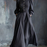 Woman wearing a vintage-inspired winter dress with pockets