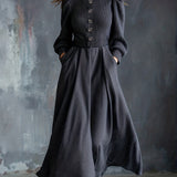 Woman wearing a vintage-inspired winter dress with pockets