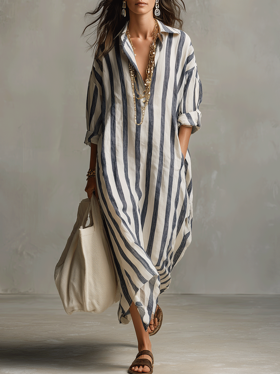 Striped button-front boho maxi dress