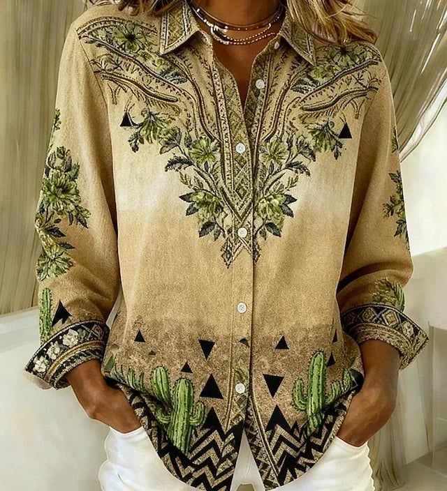 Woman wearing a vintage western floral button-up blouse