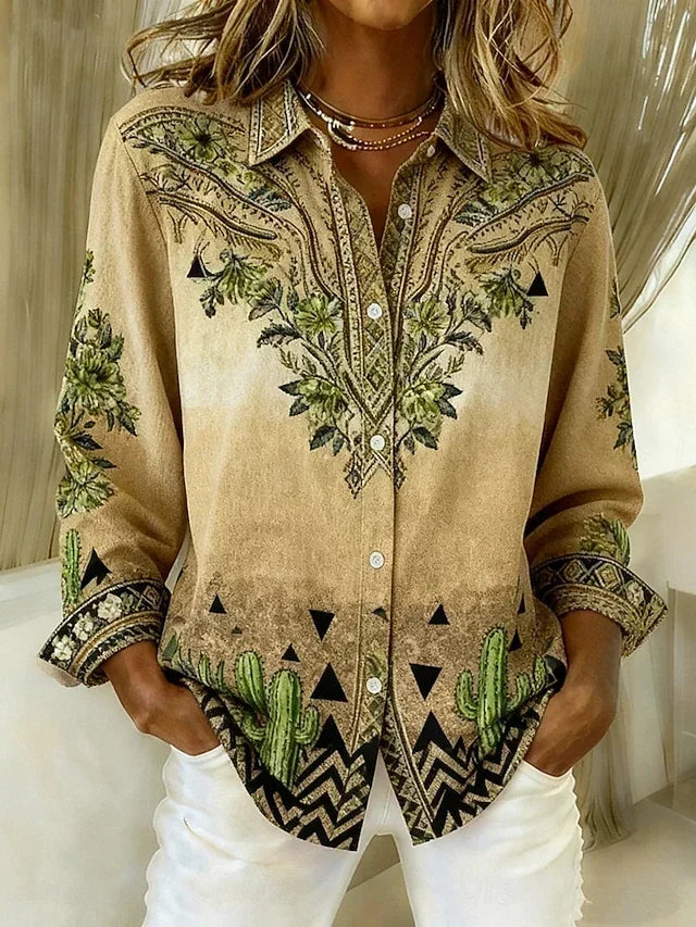Woman wearing a vintage western floral button-up blouse