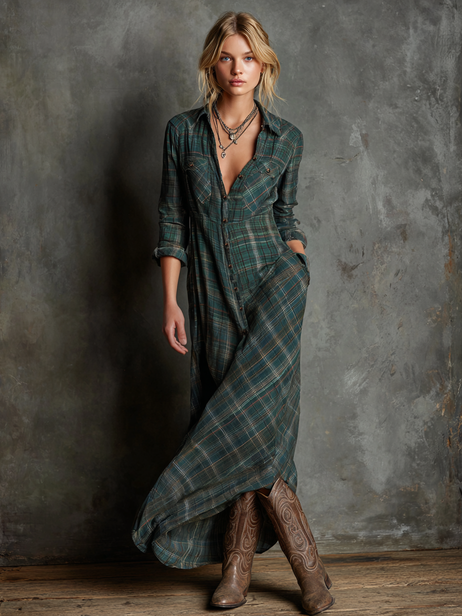 Woman wearing a full-length green plaid shirt dress with long sleeves
