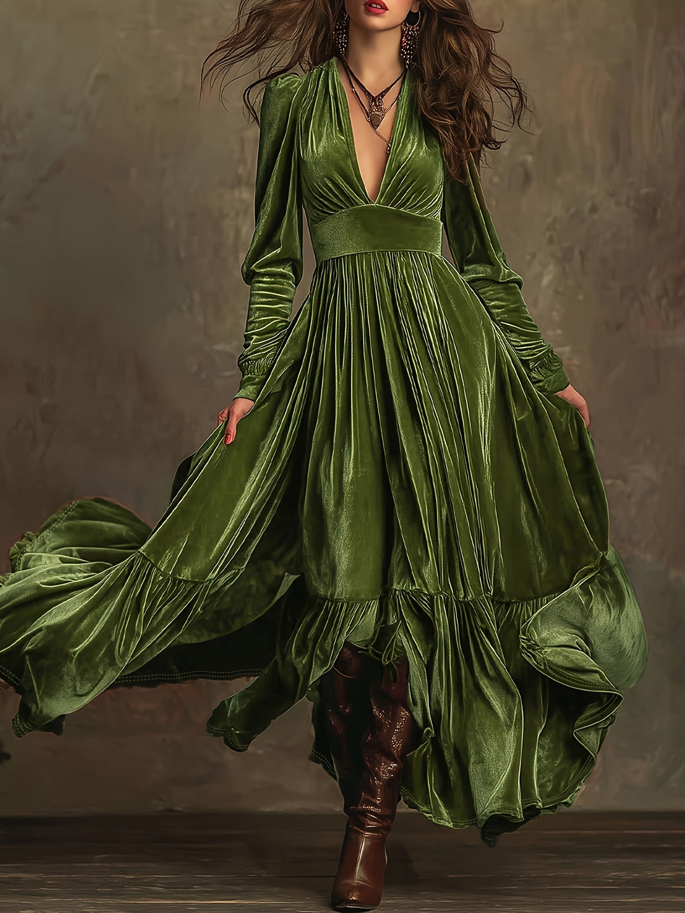 Woman wearing a deep V-neck pleated maxi dress