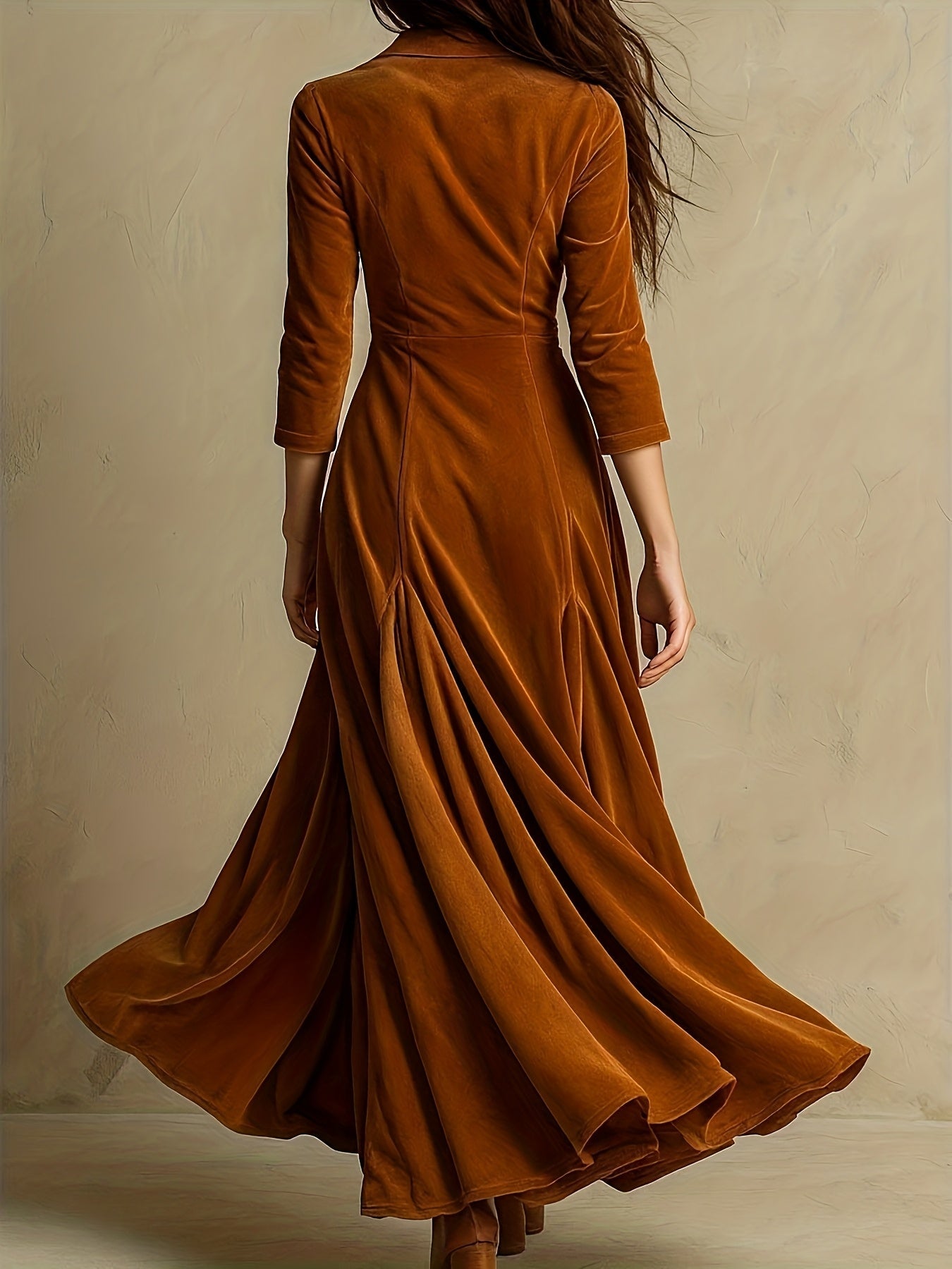 Woman wearing a button-front collar dress with 7/8 sleeves