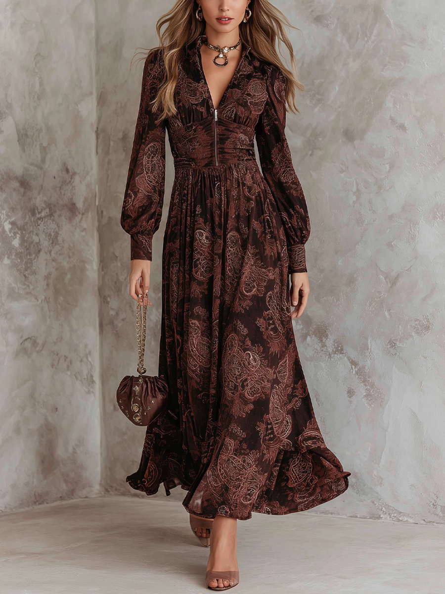 Woman wearing a paisley print zip-waist maxi dress