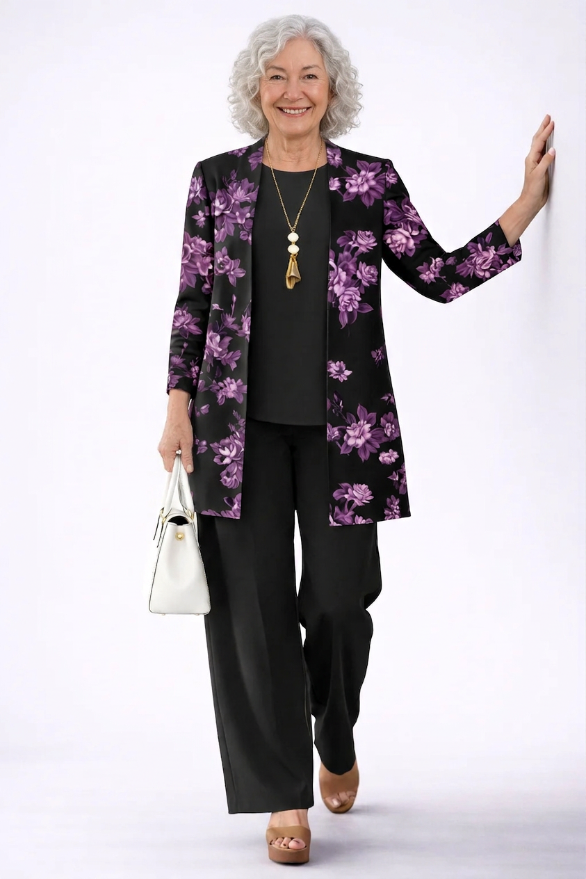 Woman wearing a purple and black three-piece cardigan, top and trousers co-ord set